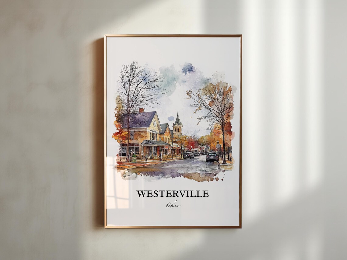 Westerville Ohio Watercolor Autumn Small Town Street Scene Poster - Image 3