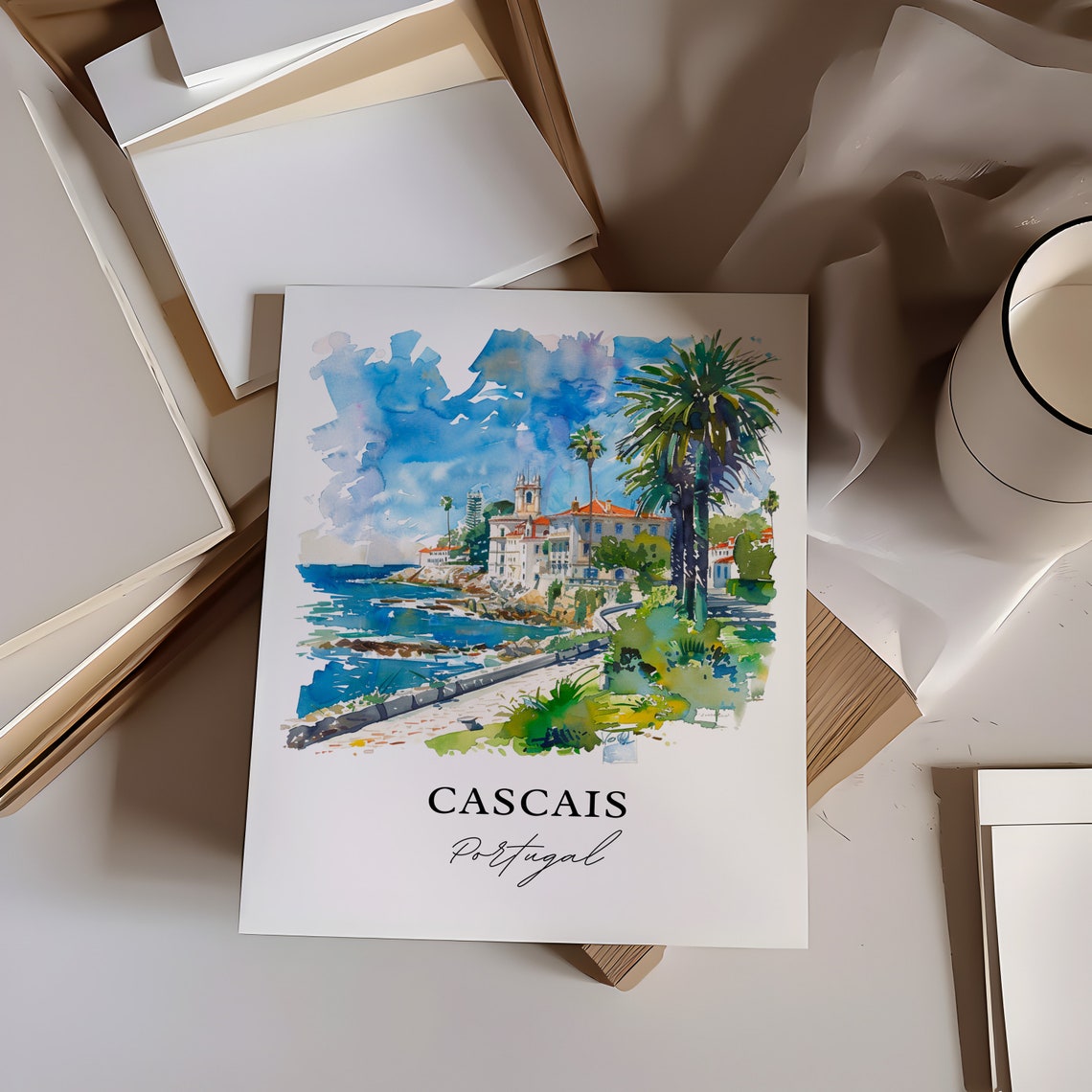 Cascais Portugal Palm Coast Promenade Watercolor Seaside Poster - Image 6