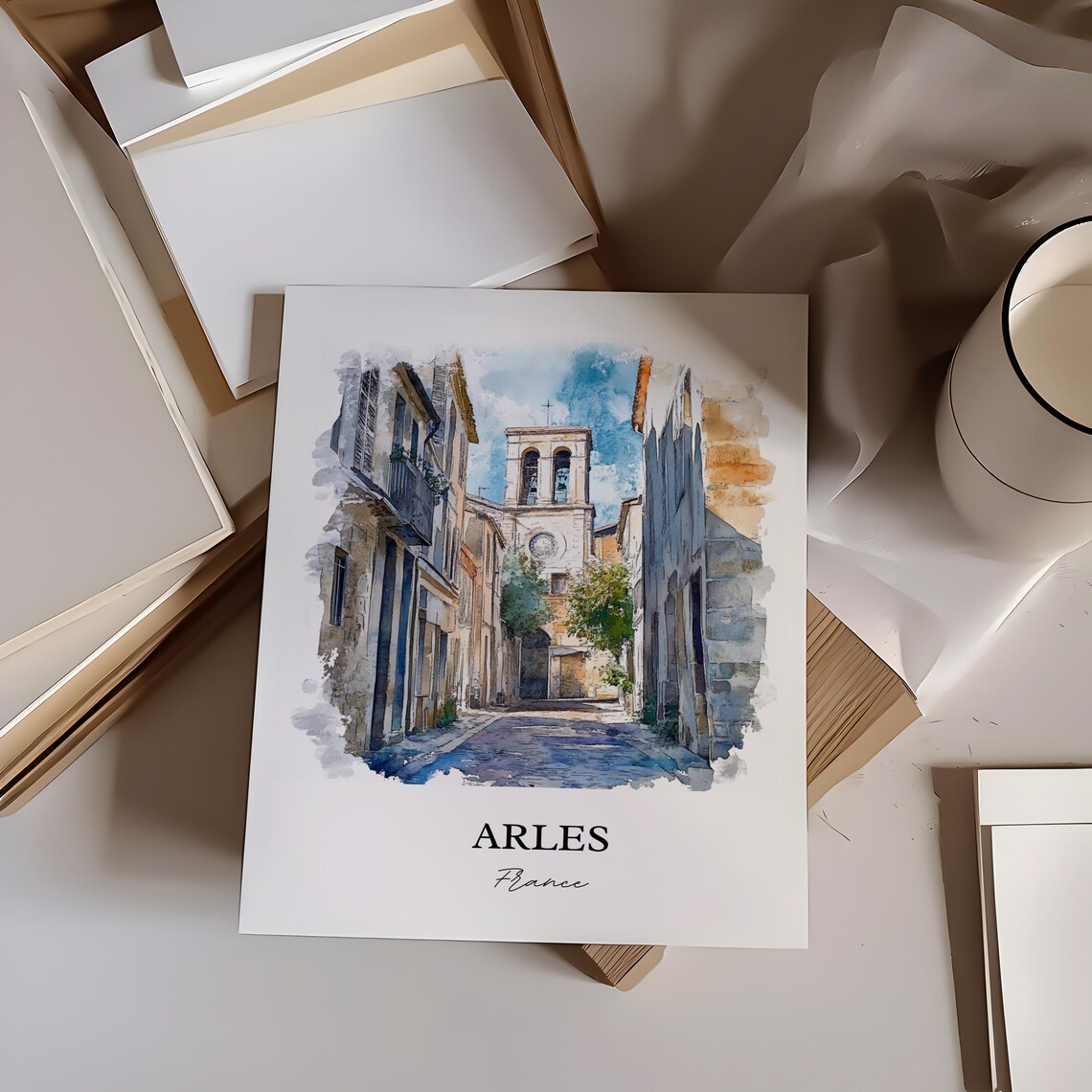 Arles France Provence Stone Lane Church Watercolor Travel Poster - Image 2