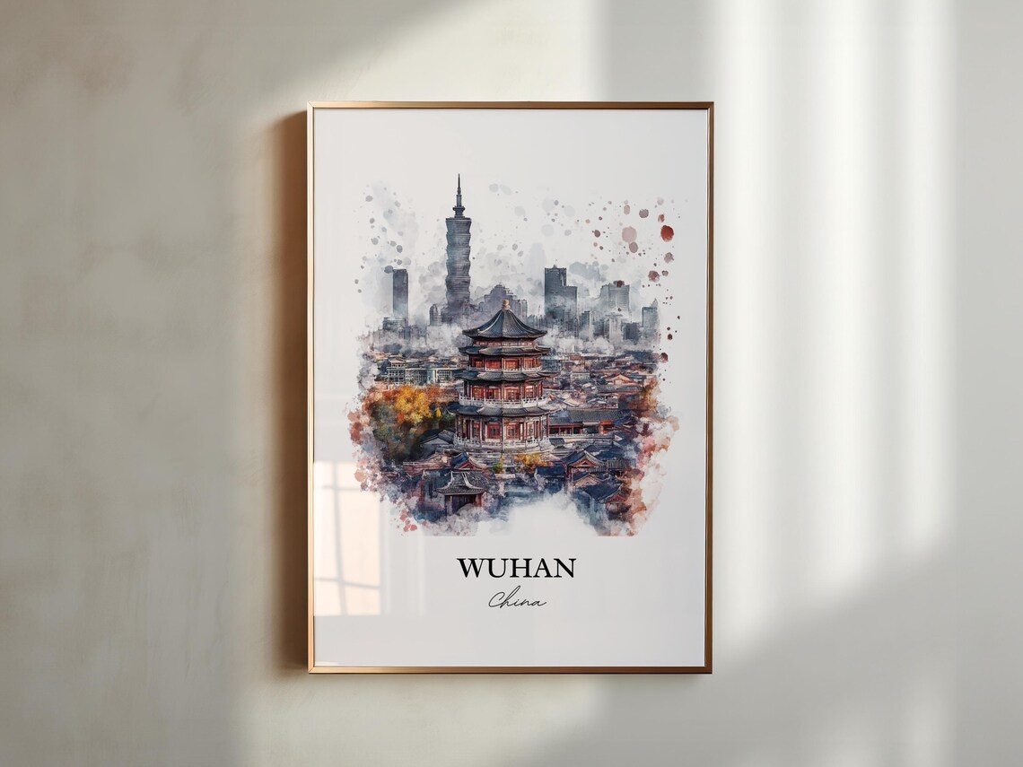 Wuhan China Yellow Crane Tower Skyline Watercolor Travel Poster - Image 4