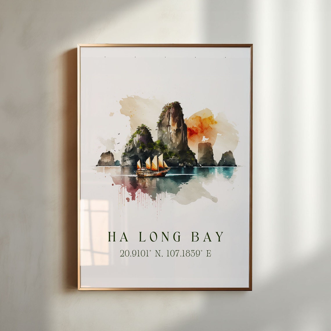 Ha Long Bay Vietnam Watercolor Karsts Sailboat Coordinates Poster