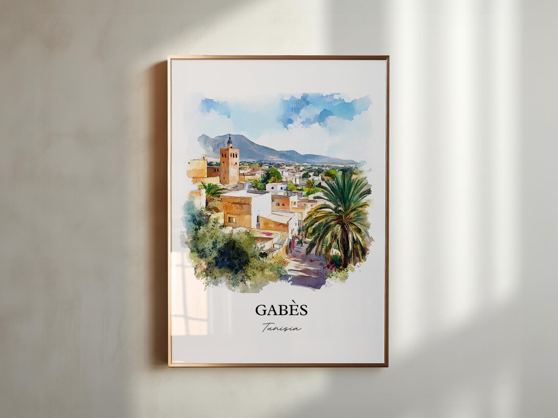 Gabes Tunisia Watercolor Old Town Minaret Palms Scene Poster - Image 6