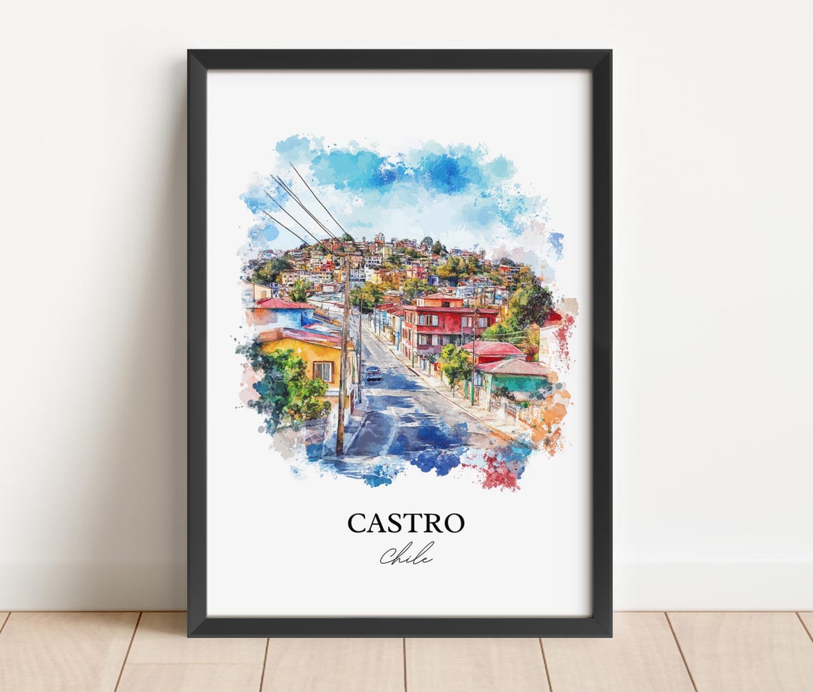 Castro Chile Watercolor Hillside Street Scene Art Travel Poster - Image 4