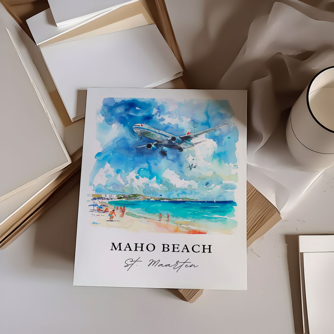 Maho Beach Saint Maarten Low Flying Jet Beach Watercolor Poster - Image 6