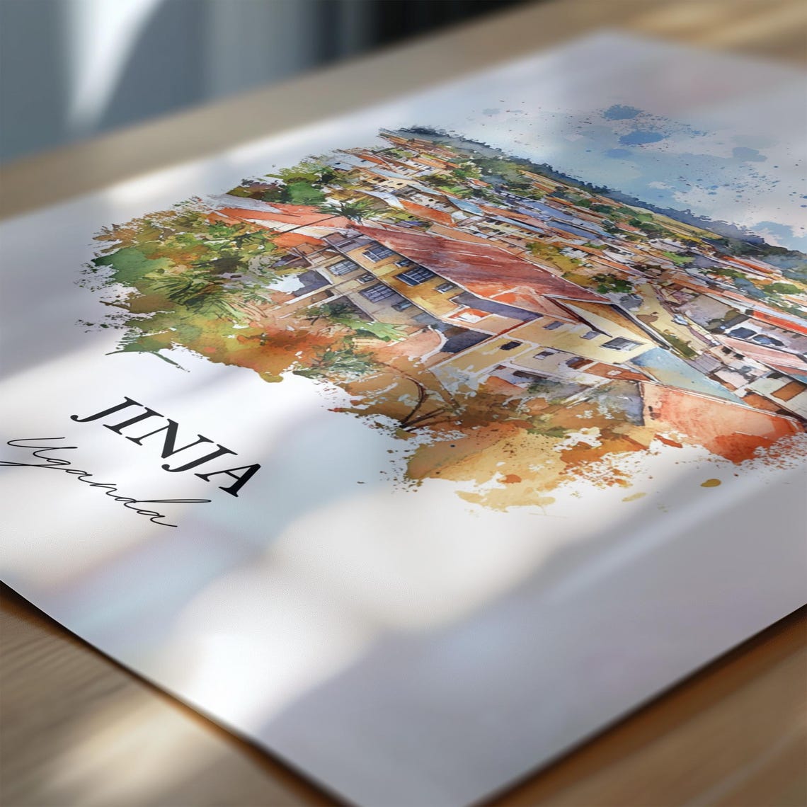Jinja Uganda Hillside Town Aerial Watercolor Travel Art Poster - Image 4