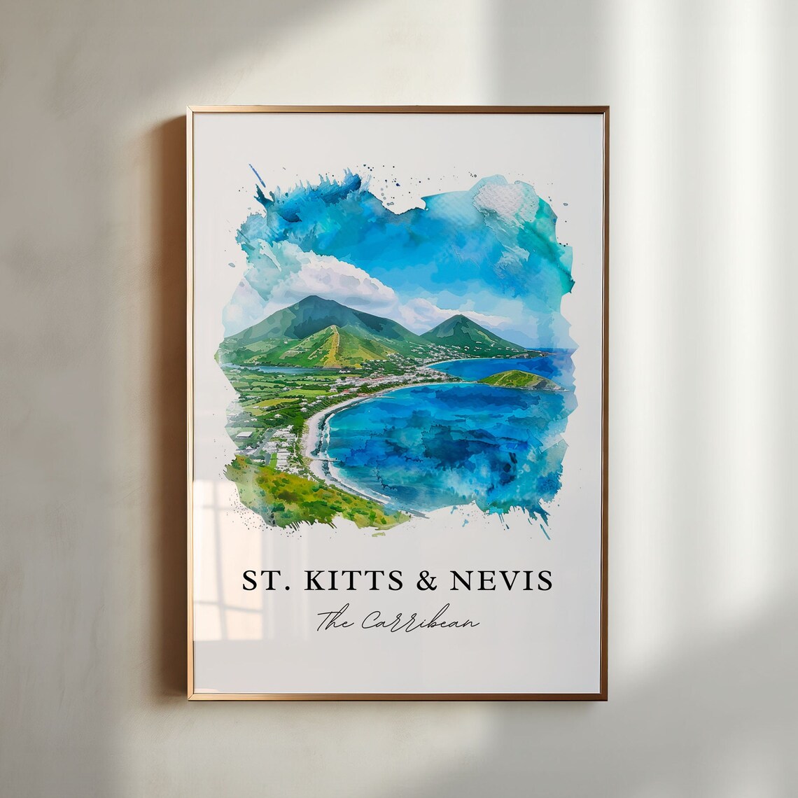 St Kitts Nevis Caribbean Islands Watercolor Bay Mountain Poster