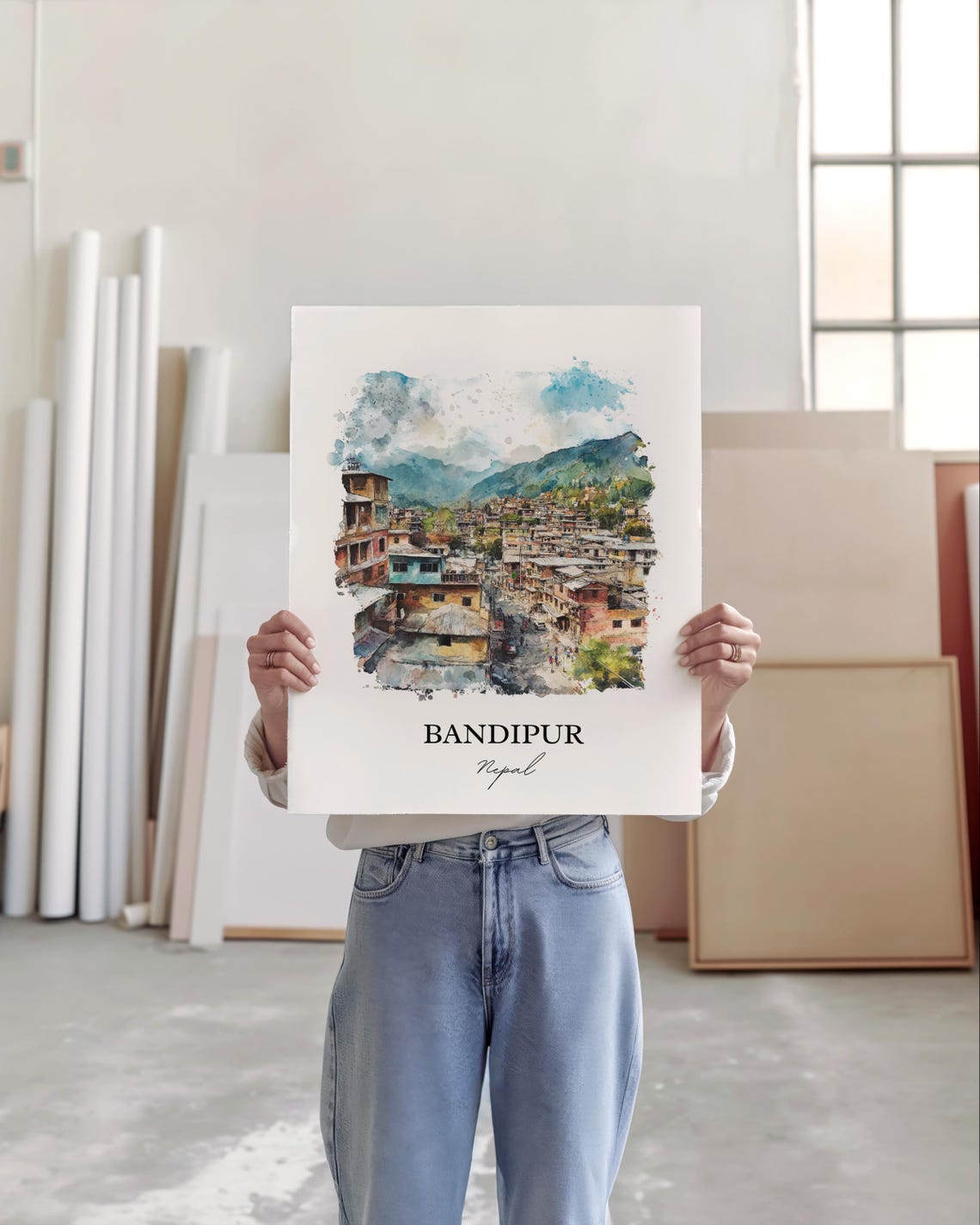 Bandipur Nepal Watercolor Historic Hill Town Mountain View Poster - Image 5