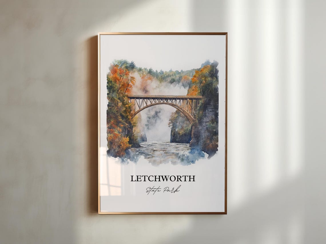 Letchworth State Park Watercolor Gorge Bridge Falls Scene Poster - Image 5