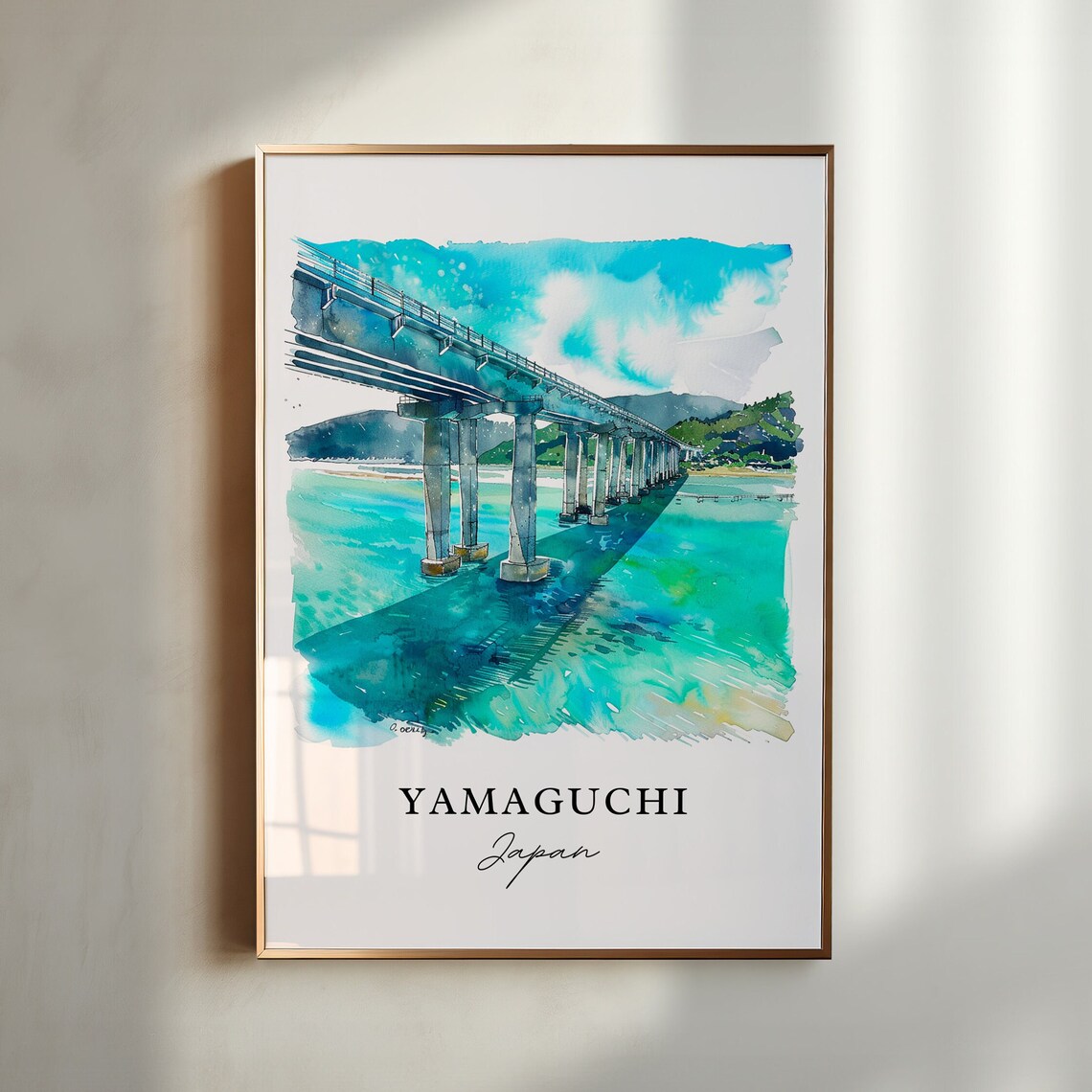 Yamaguchi Japan Bridge Over Turquoise Water Watercolor Travel Poster