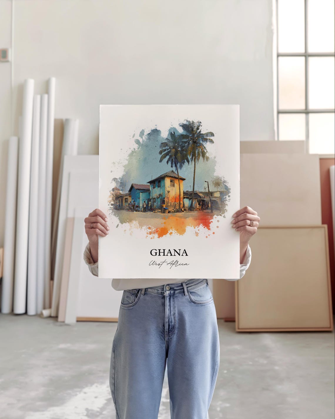 Ghana West Africa Colorful Village Palm Trees Art Travel Poster - Image 4