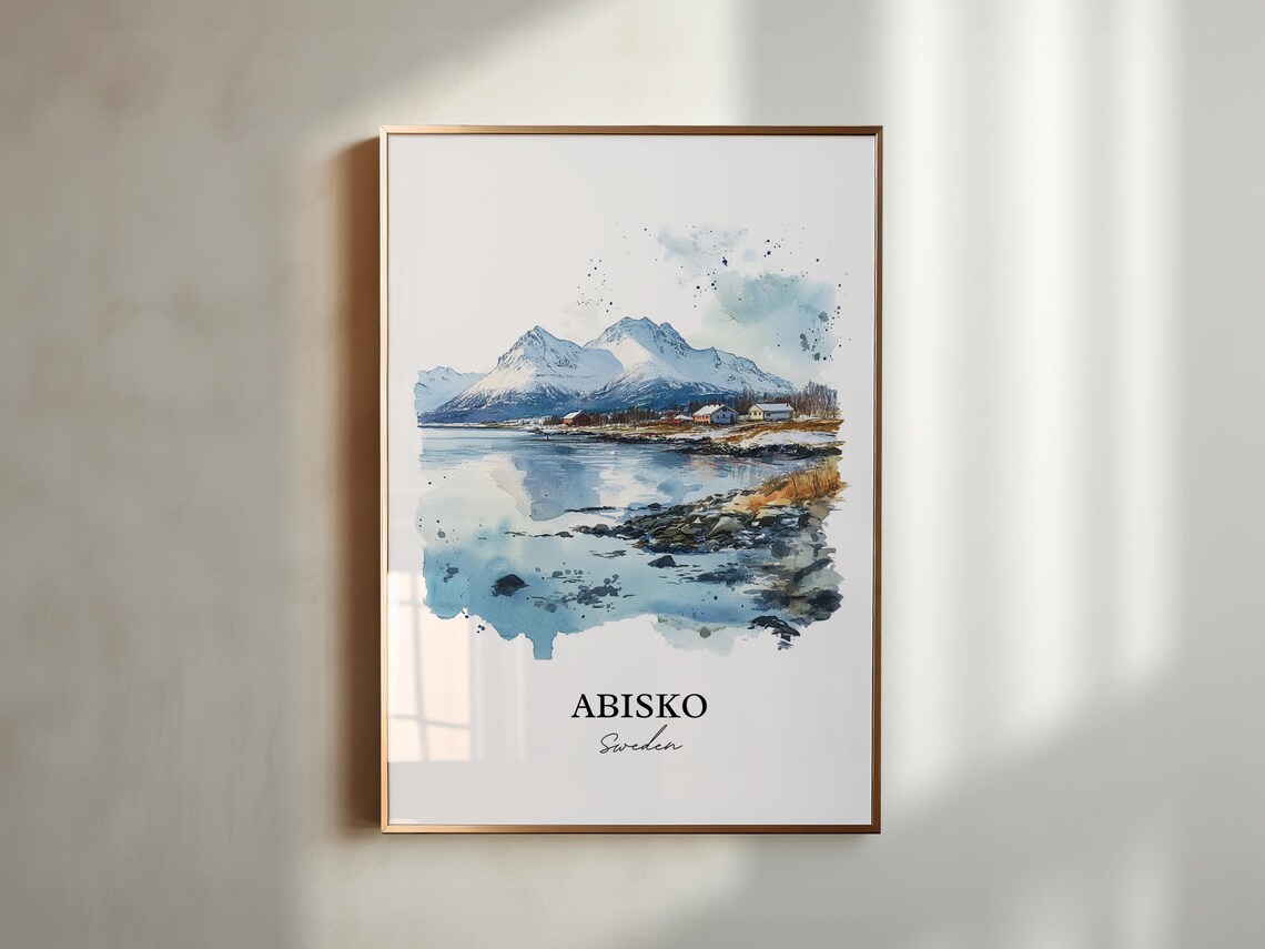 Abisko Sweden Snowy Lake Mountain Watercolor Arctic Winter Poster - Image 3