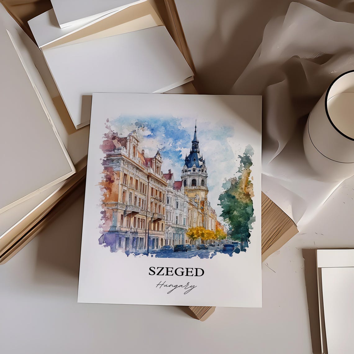 Szeged Hungary Watercolor Grand Avenue Historic Tower View Poster - Image 2