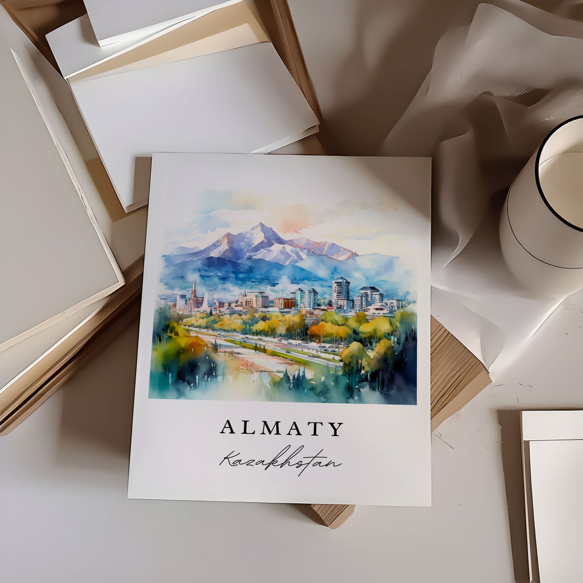 Almaty Kazakhstan Watercolor Art Snow Capped Mountain Skyline Poster - Image 6