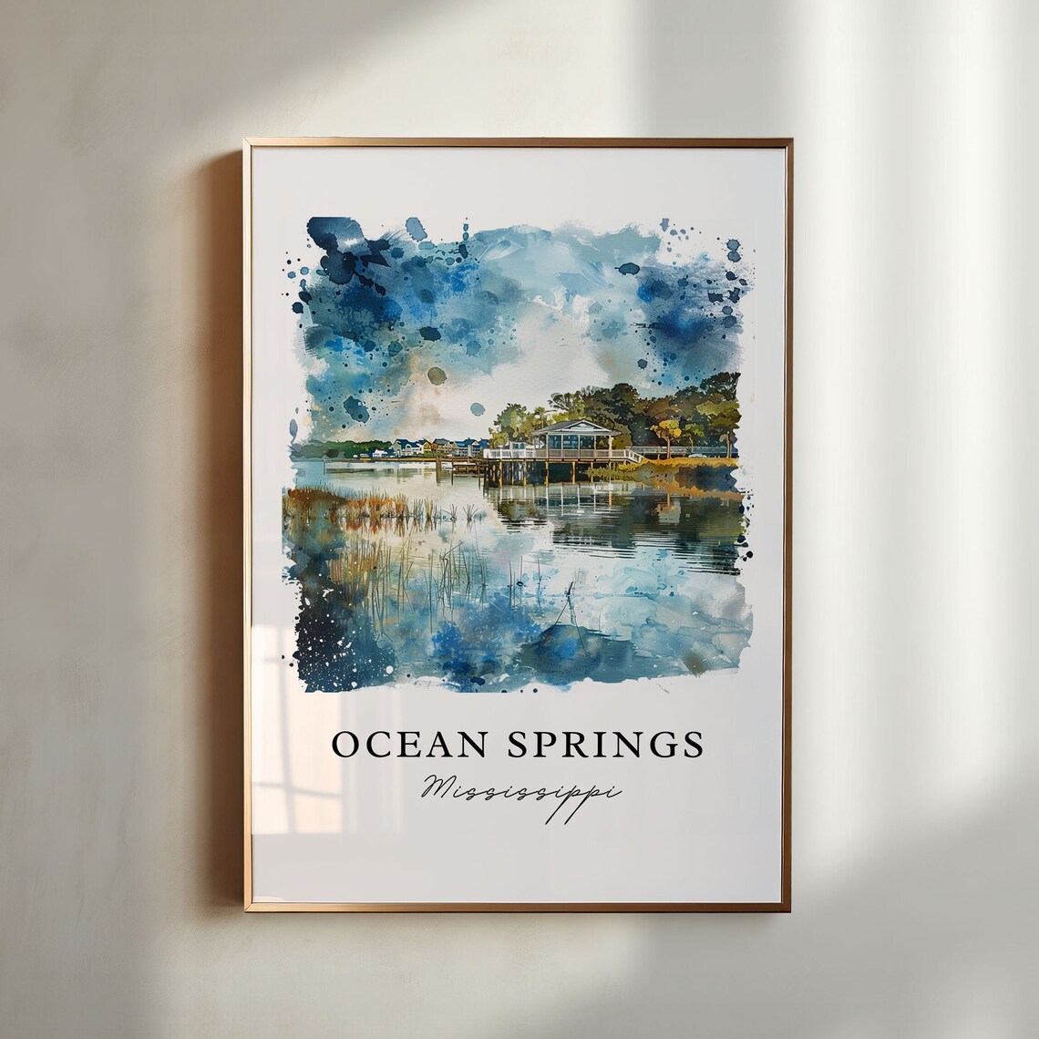 Ocean Springs Mississippi Watercolor Bayfront Pier Scenic Art Print