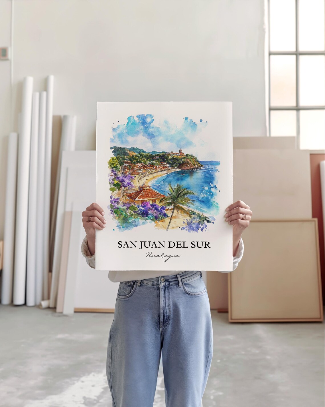 San Juan del Sur Nicaragua Watercolor Beach Bay Palm Travel Poster - Image 3