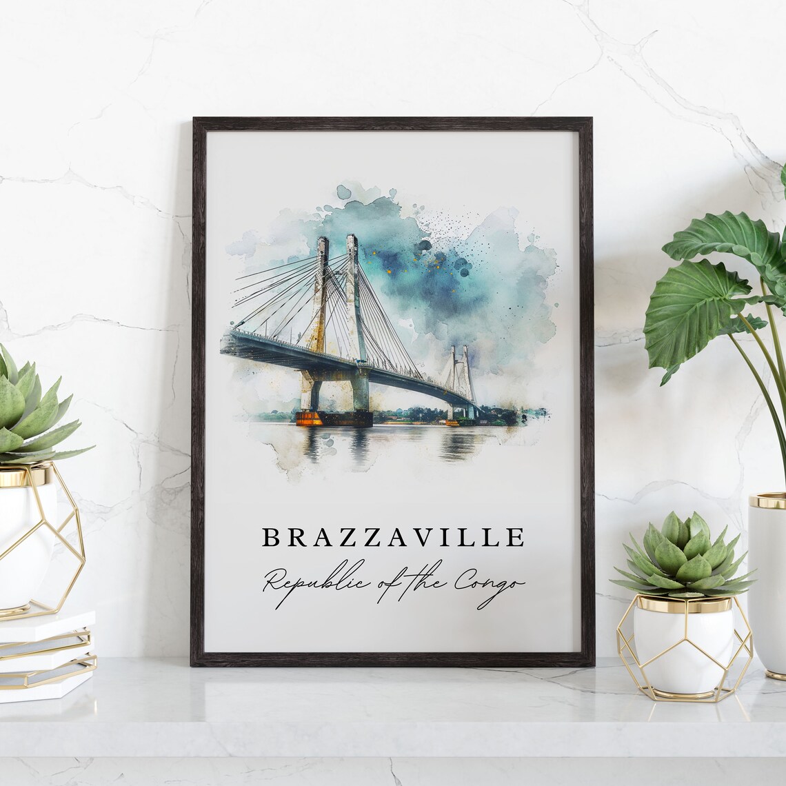 Brazzaville Republic Of The Congo Bridge Watercolor Travel Poster