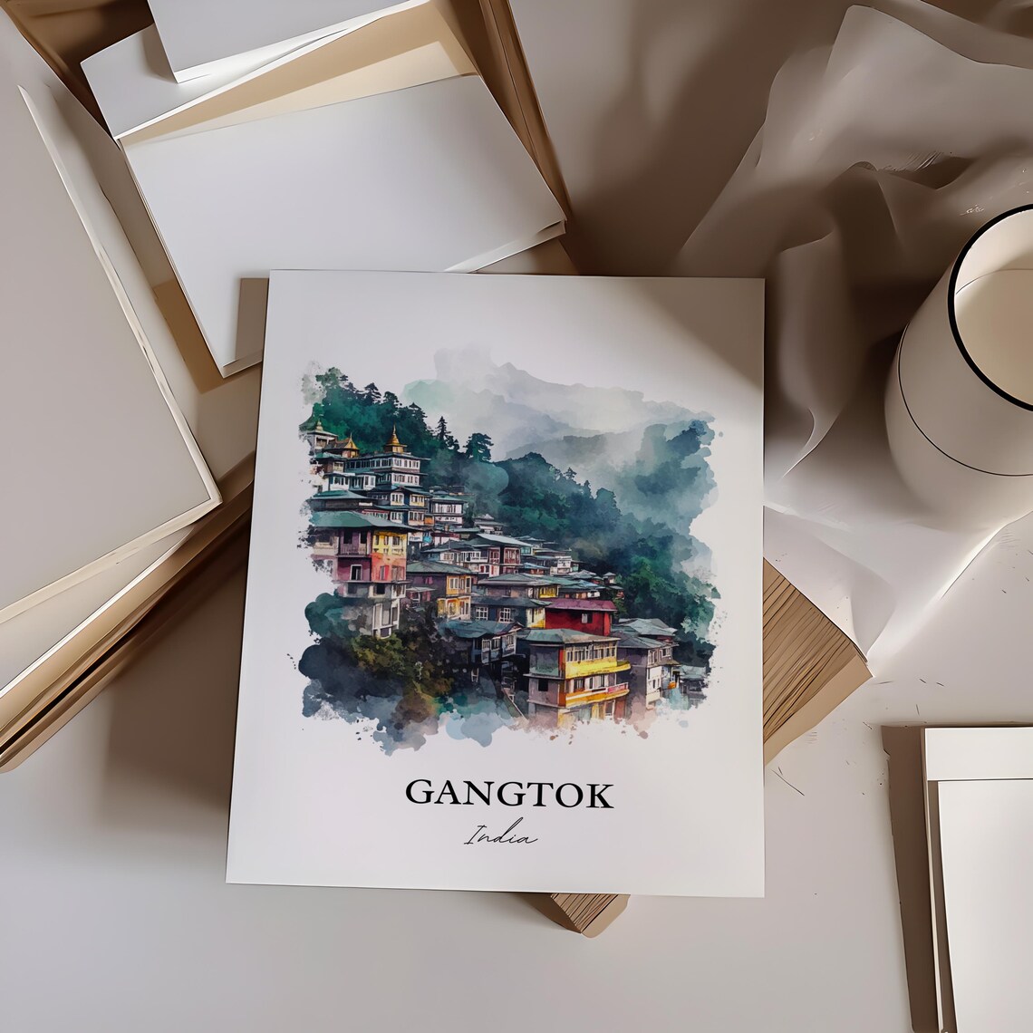 Gangtok India Watercolor Hillside Mountain Town Misty Poster - Image 3
