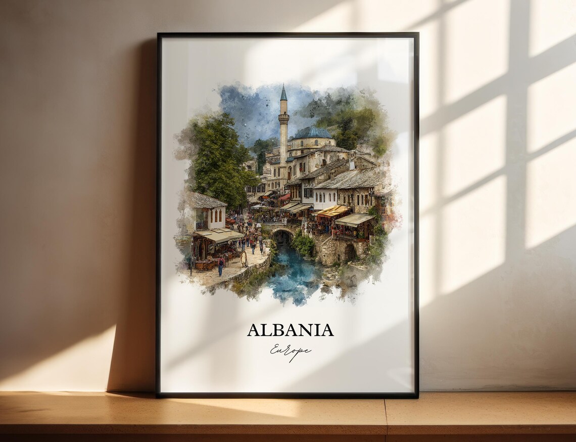 Albania Old Town Minaret Riverside Watercolor Travel Art Poster
