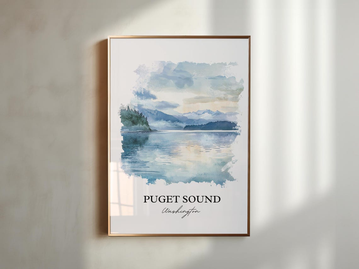 Puget Sound Washington Misty Waterfront Islands Watercolor Poster - Image 3