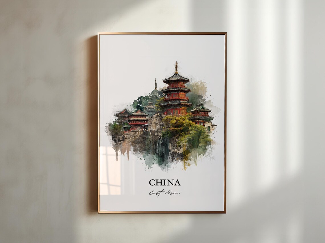 China East Asia Red Pagoda Temple Hill Watercolor Travel Poster - Image 5