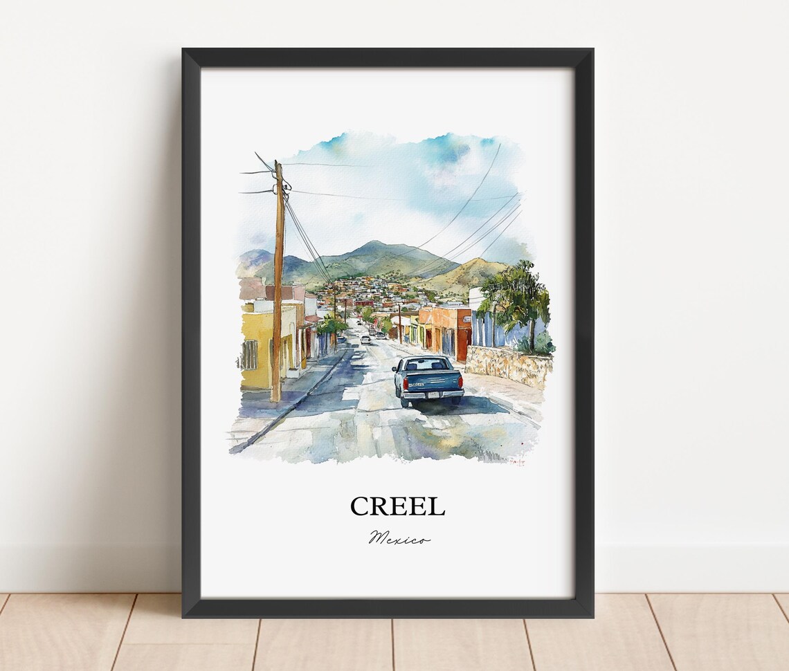 Creel Mexico Mountain Town Street Pickup Truck Watercolor Poster - Image 4