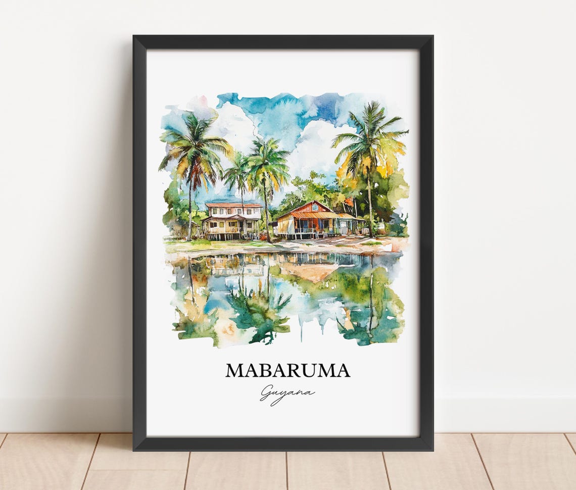 Mabaruma Guyana Watercolor Riverside Houses Palms Scene Poster - Image 3