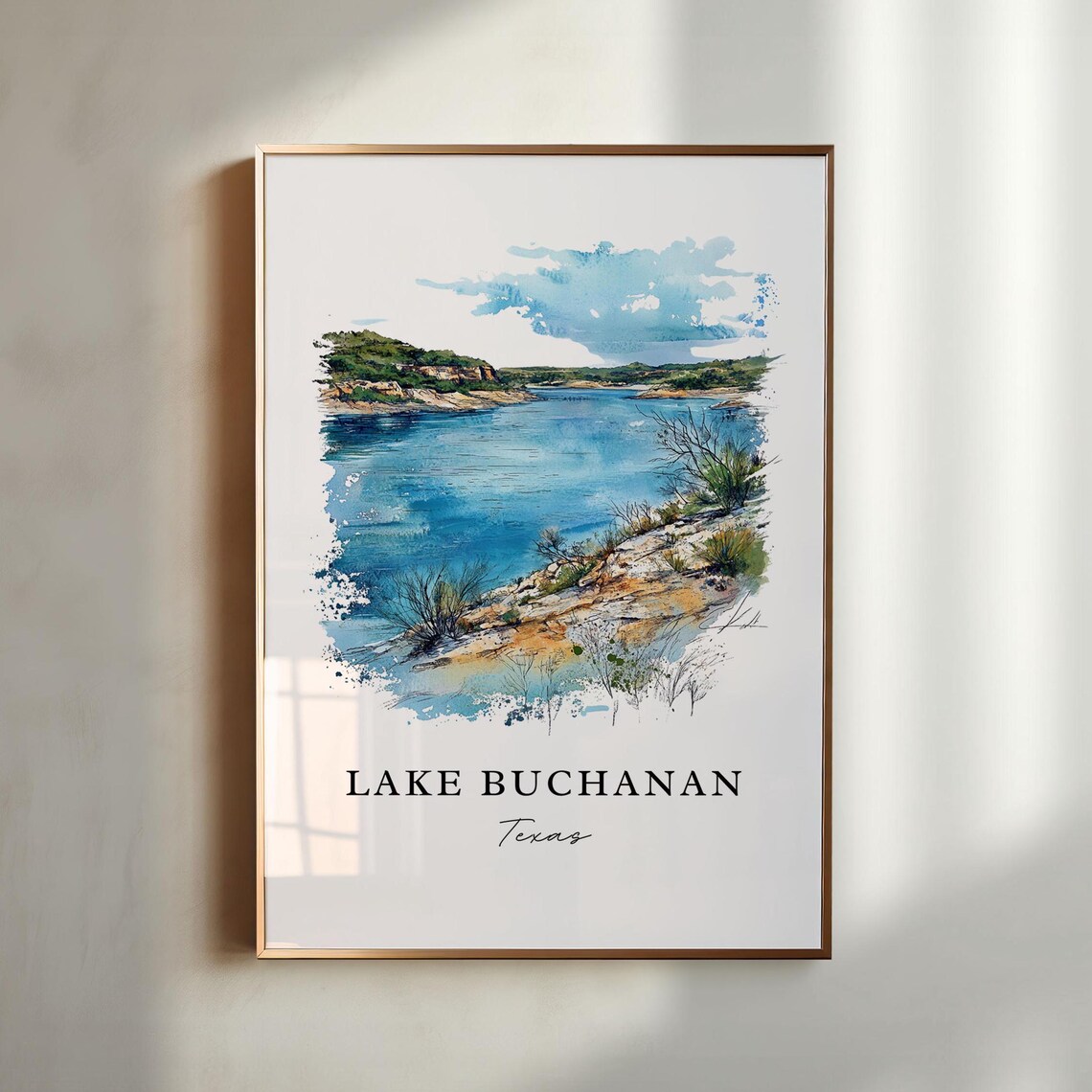 Lake Buchanan Texas Watercolor Rocky Lake Shore Scene Poster