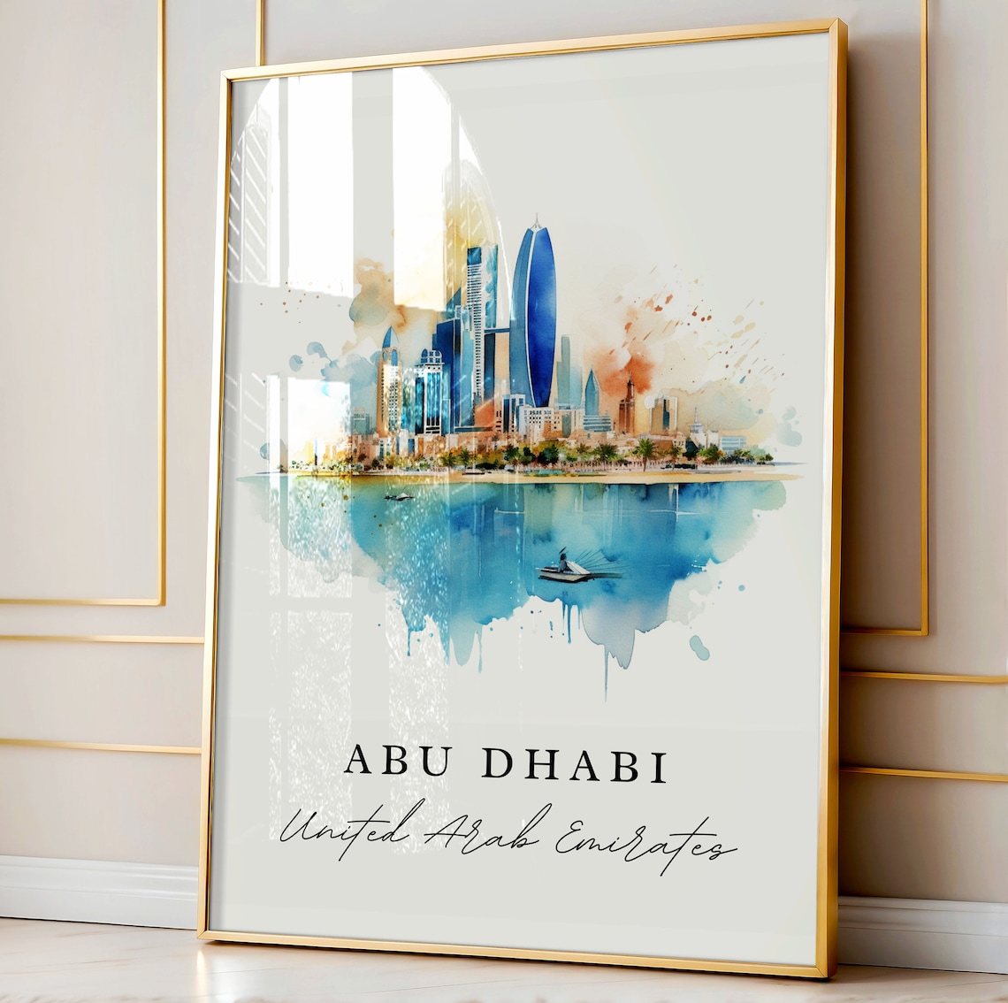 Abu Dhabi United Arab Emirates Watercolor Skyline Waterfront Travel Poster - Image 3