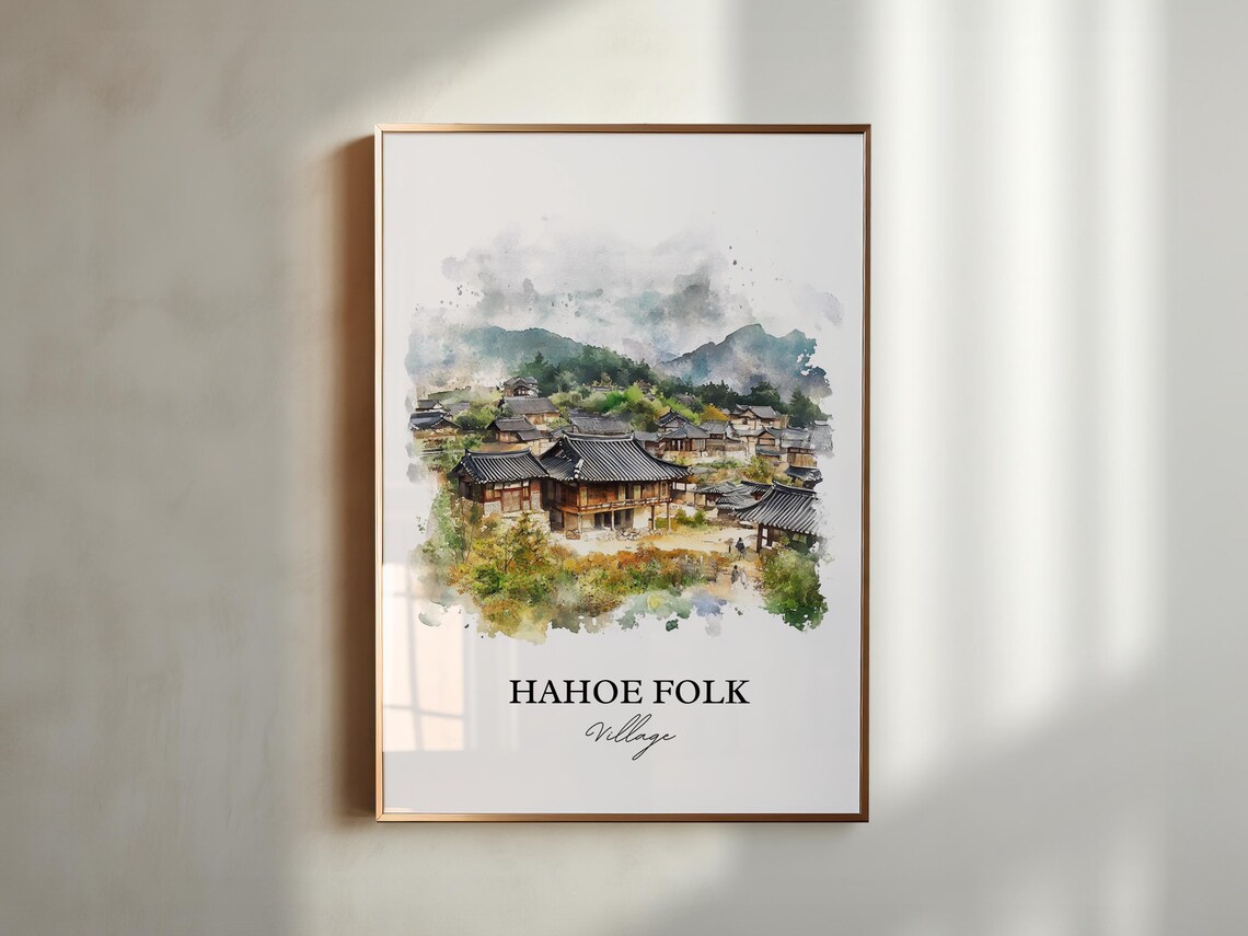 Hahoe Folk Village Watercolor Korean Hanok Houses Travel Poster - Image 4