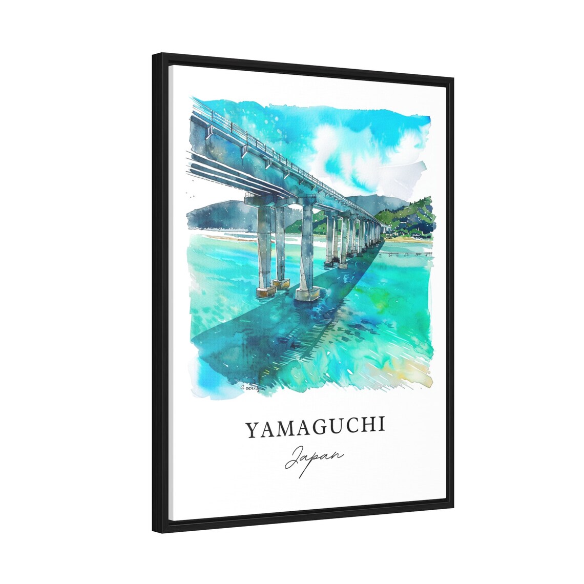 Yamaguchi Japan Bridge Over Turquoise Water Watercolor Travel Poster - Image 2