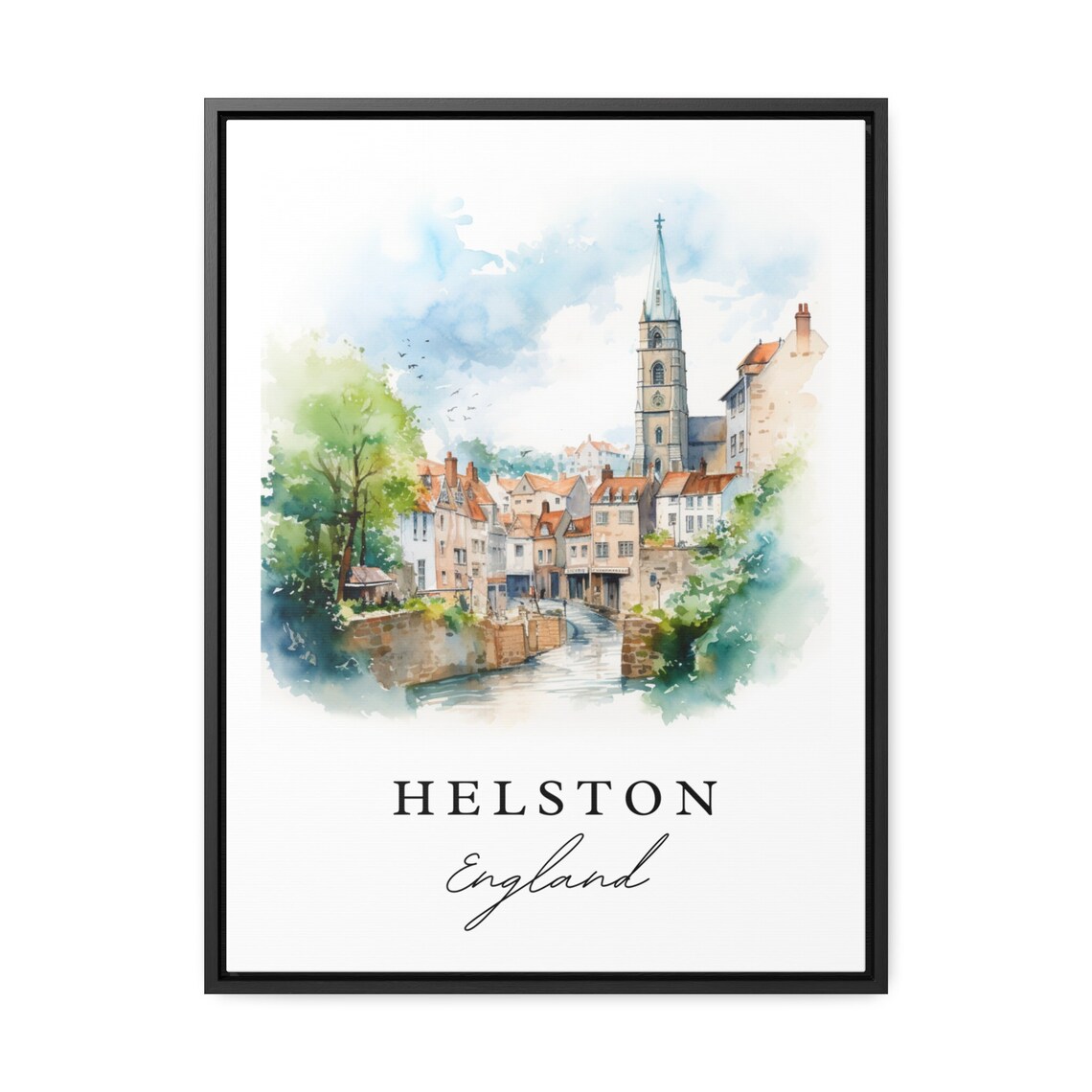 Helston England Riverside Church Spire Watercolor Town Scene Poster - Image 2