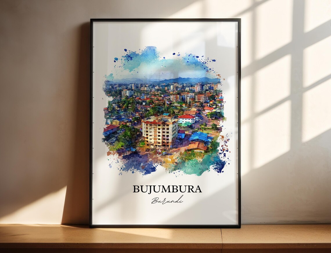 Bujumbura Burundi City Panorama Watercolor Aerial Travel Poster