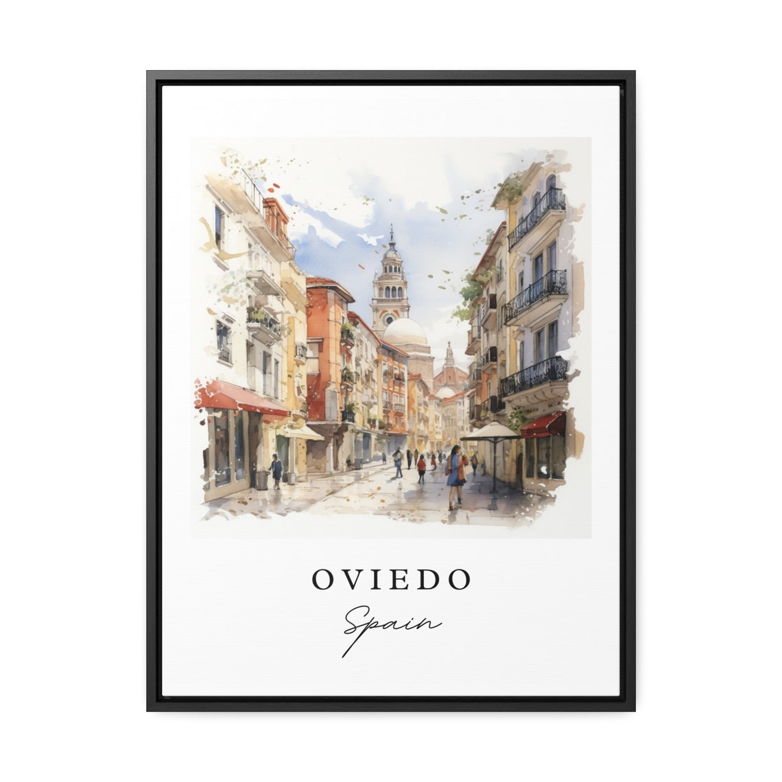 Oviedo Spain Old Town Street Cathedral Watercolor Travel Poster - Image 2