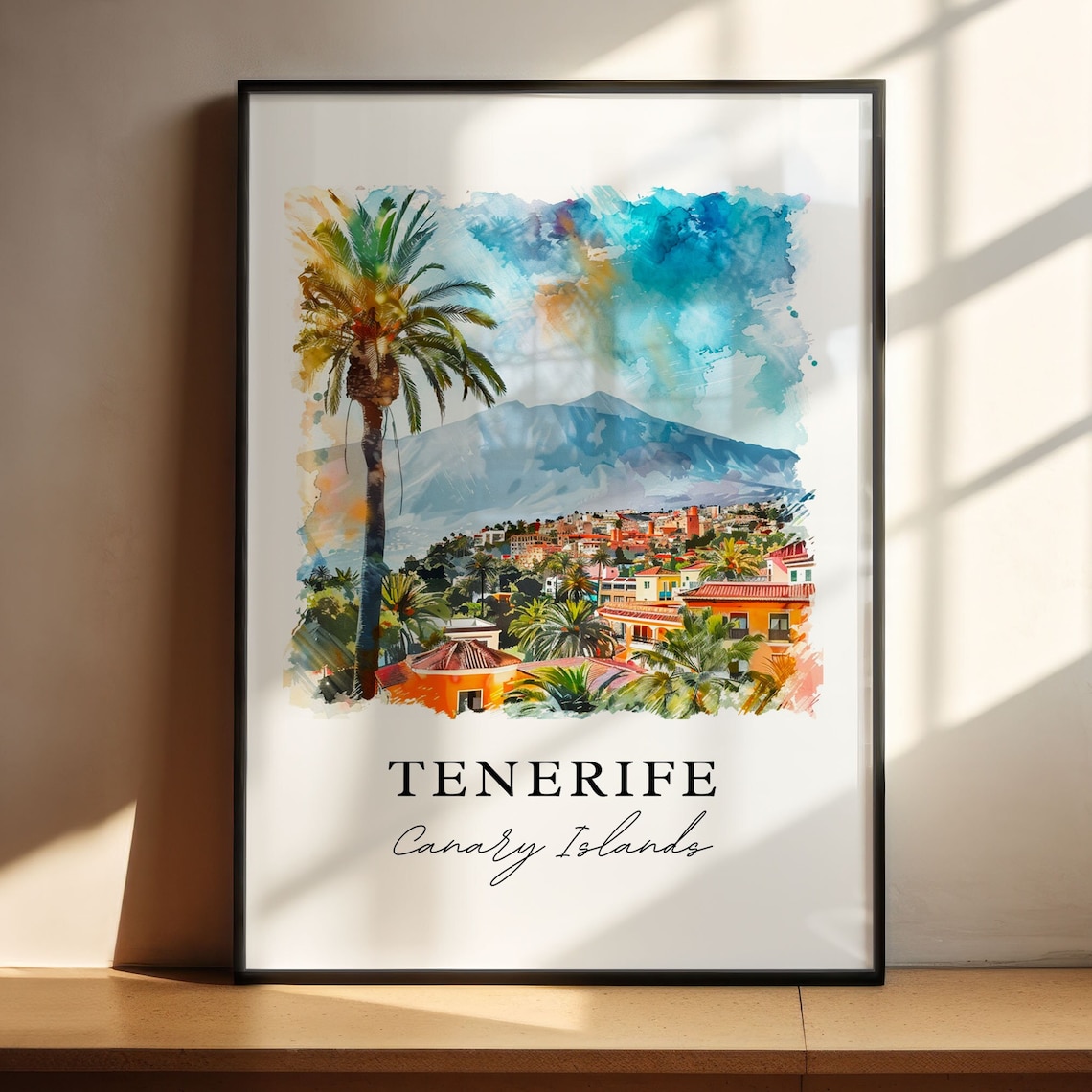 Tenerife Canary Islands Palm Volcano Watercolor Travel Poster - Image 4