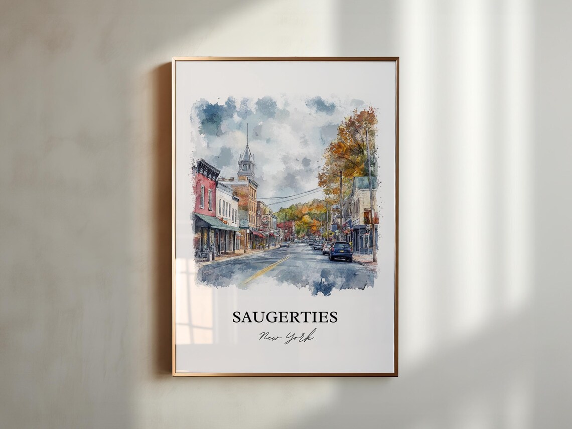 Saugerties New York Autumn Main Street Clock Tower Watercolor Poster - Image 2