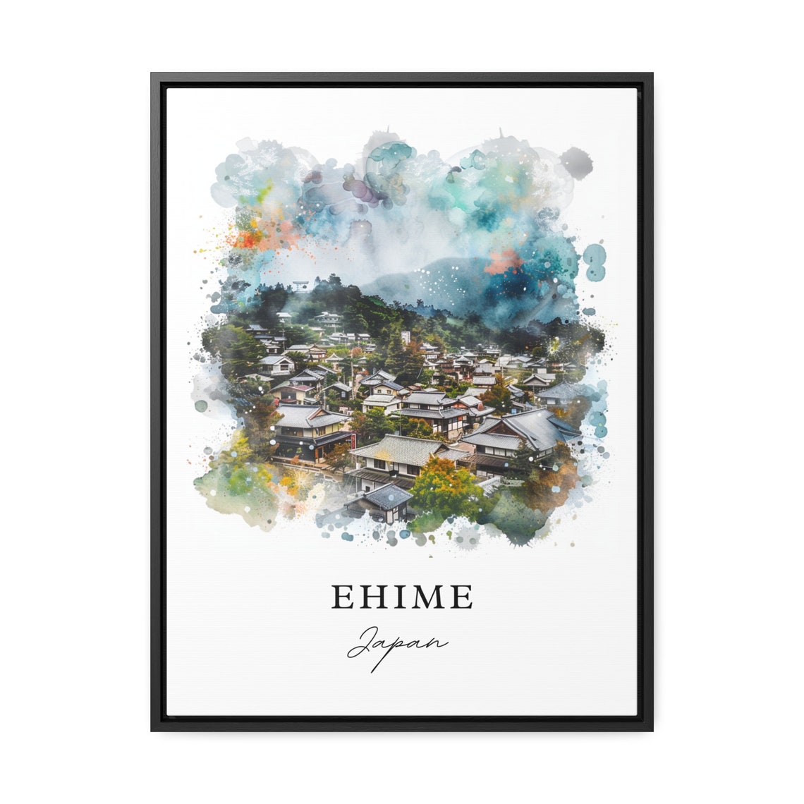 Ehime Japan Traditional Village Hillside Watercolor Travel Poster - Image 3