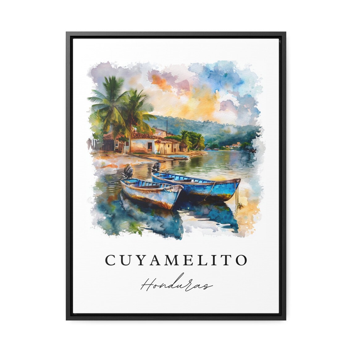 Cuyamelito Honduras Fishing Boats Sunset Watercolor Travel Poster - Image 3