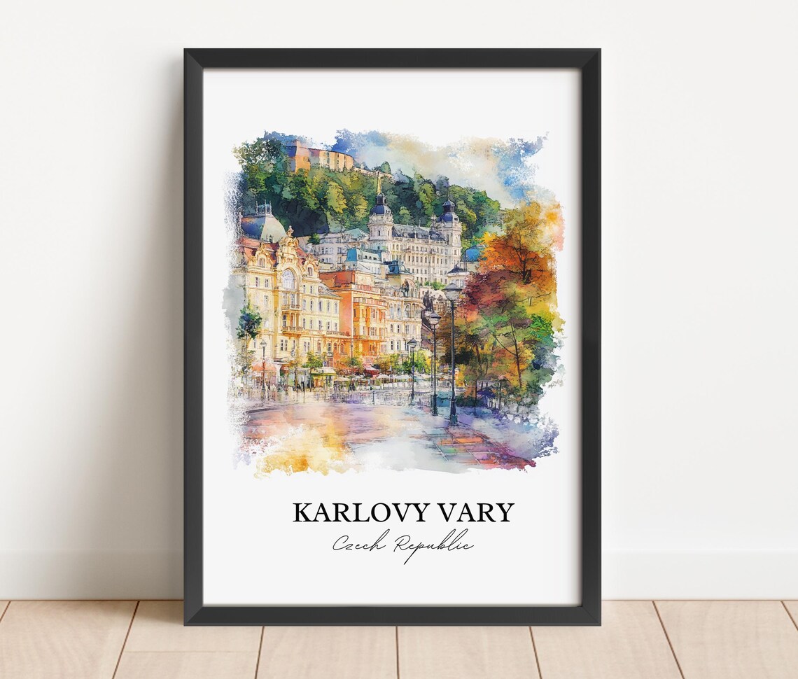 Karlovy Vary Czech Republic Watercolor Spa Town Scene Travel Poster - Image 2