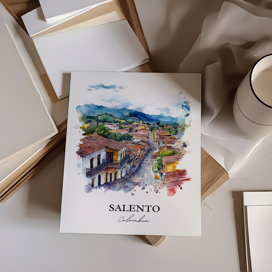 Salento Colombia Watercolor Colonial Street Red Roof Town Poster - Image 3