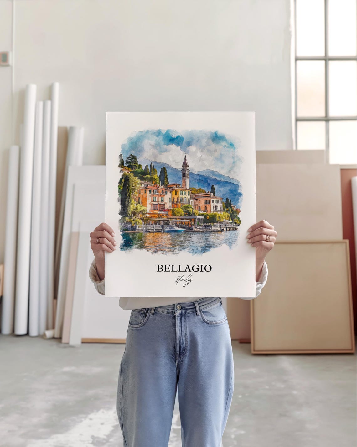 Bellagio Italy Lake Como Waterfront Village Watercolor Travel Poster - Image 3