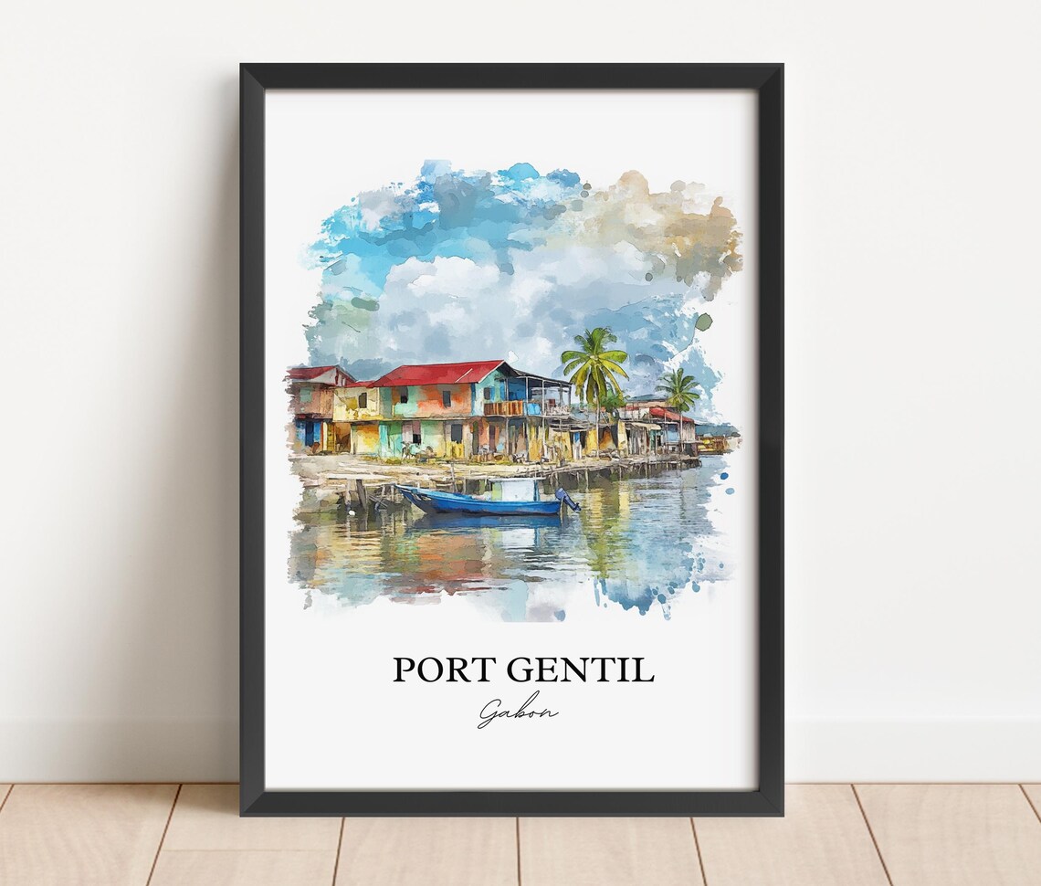 Port Gentil Gabon Waterfront Stilt Houses Watercolor Art Poster - Image 5