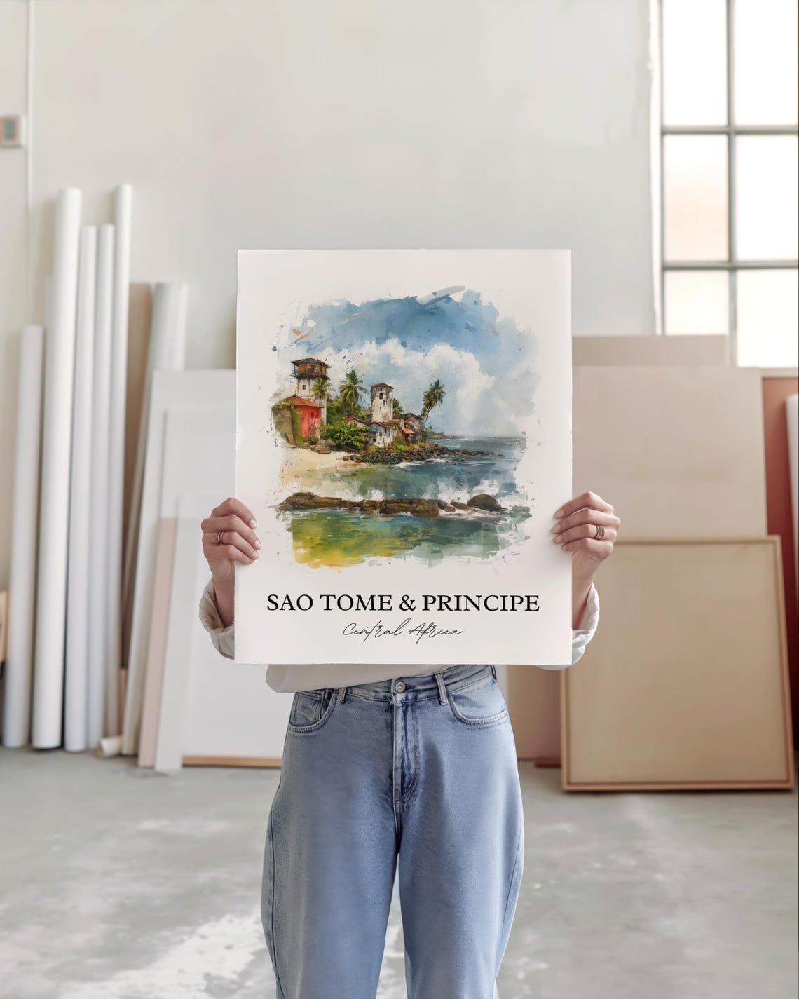 Sao Tome and Principe Central Africa Coastline Watercolor Poster - Image 3