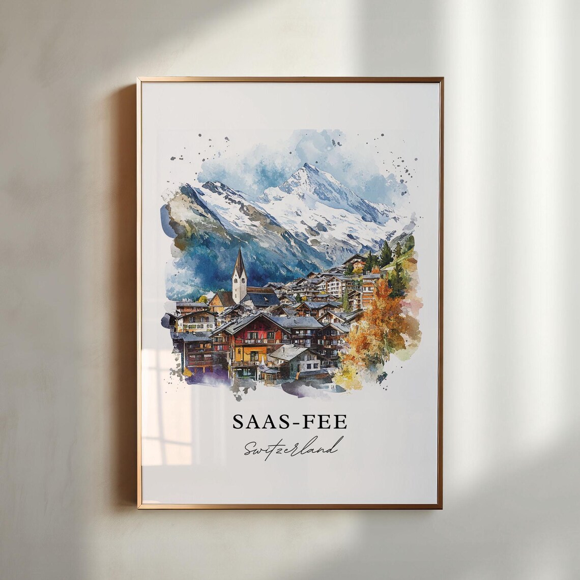 Saas Fee Switzerland Alpine Chalets Watercolor Snowy Peaks Poster