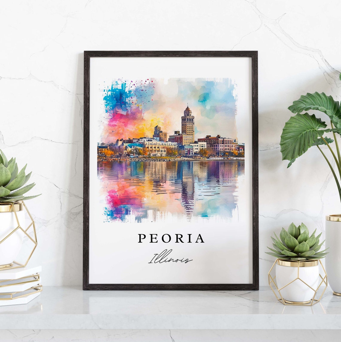 Peoria Illinois Riverfront Sunset Skyline Watercolor Travel Poster - Image 3