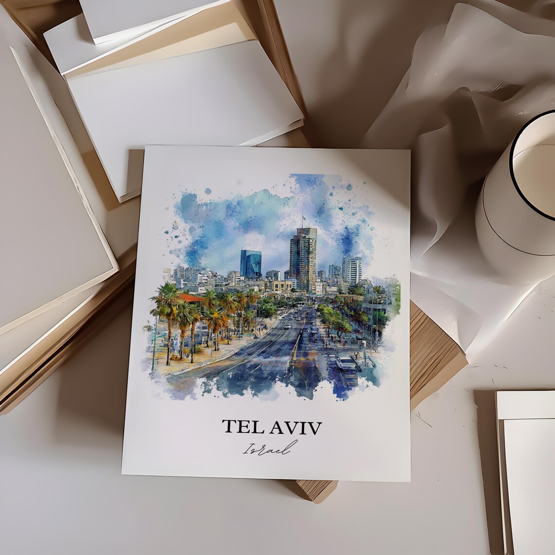 Tel Aviv Israel Watercolor Palm Avenue City Skyline Travel Poster - Image 2