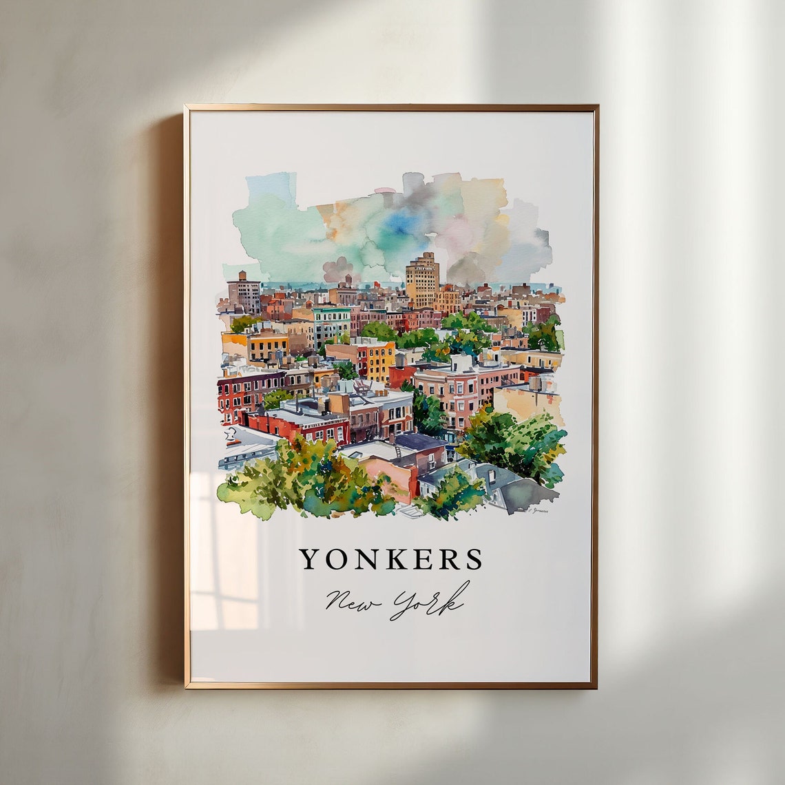 Yonkers New York City Brick Rooftops Watercolor Travel Poster