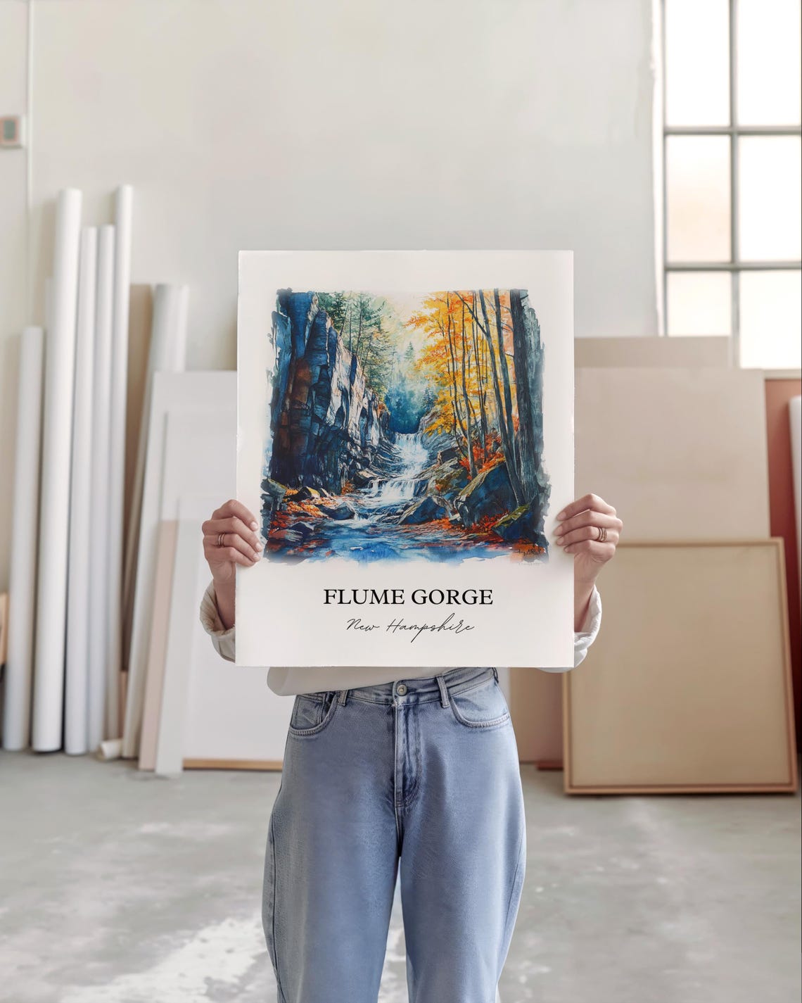 Flume Gorge New Hampshire Waterfall Autumn Watercolor Poster - Image 5