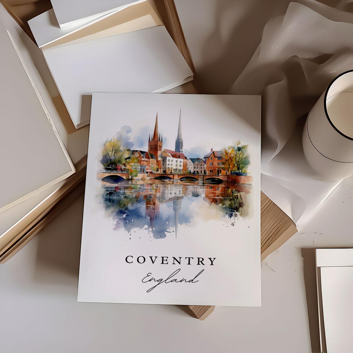 Coventry England Watercolor Twin Spires River Reflection Poster - Image 2