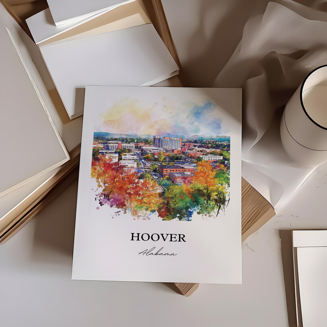 Hoover Alabama City Skyline Autumn Trees Cityscape Watercolor Poster - Image 3