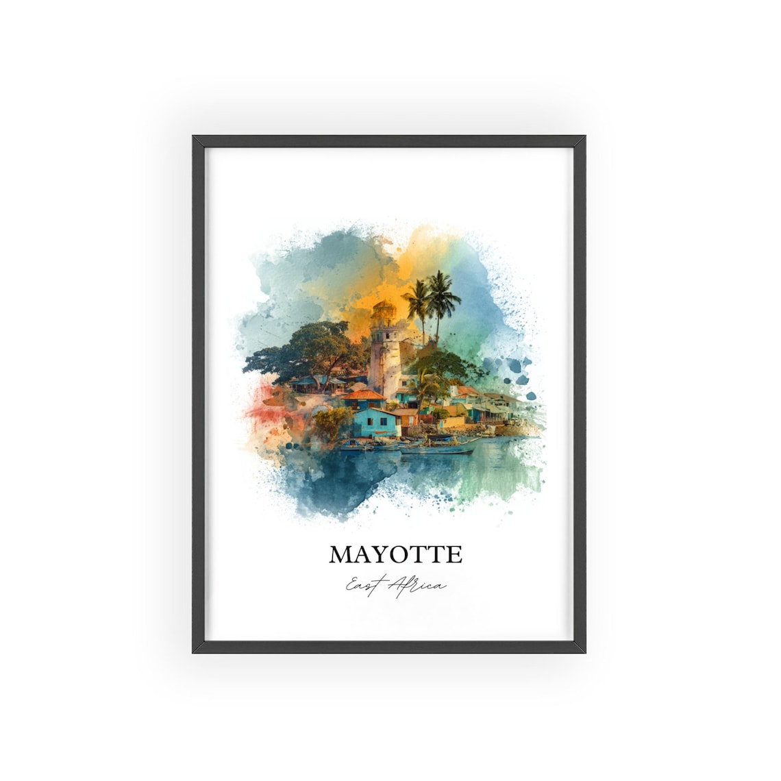 Mayotte East Africa Harbor Village Lighthouse Watercolor Poster - Image 2